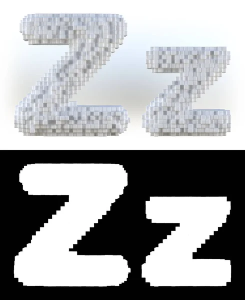 3D Rendering, White volumetric pixel alphabet with alpha mask. An array of voxels from the front, Pixel art, 8-bit, Cubic letter Z.