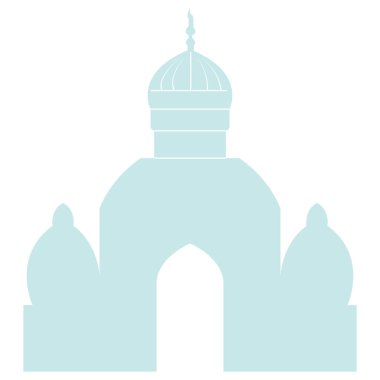 2D açık mavi cami silueti, Ramazan Kareem için İslami mimari bayram festivali, kutsal dua, hilal ayı, parlayan yıldız, kubbe ve şenlikli dekorasyon..