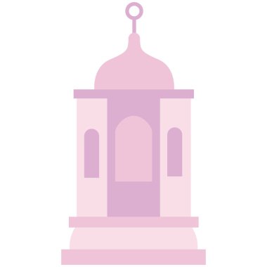 2d minimalist pembe cami kulesi, Ramazan Kareem için modern İslami tasarım, Kurban Bayramı, kutsal gece namazı, hilal ayı, parlayan yıldız ve şenlikli dekorasyon..