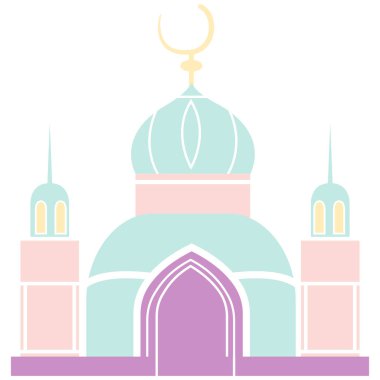 2d minimalist yumuşak renkli cami, pastel kubbeli, ramazan kareem için İslami tasarım, bayram festivali, kutsal dua, hilal ayı, parlayan yıldız ve şenlikli dekorasyon..