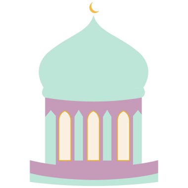 Kubbe 'de hilal ay olan 2d cami, İslami ramazan kutsal mekan, bayram kutlaması, mimari süsü, parlak gece duası dekorasyonu ayrıntıları..