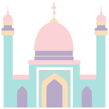 Yumuşak pastel renklere sahip 2D cami, İslami mimari tarzı, ramazan kutsal yeri, bayram kutlaması, ibadet sembolü, nazik süs dekorasyonu ayrıntıları..