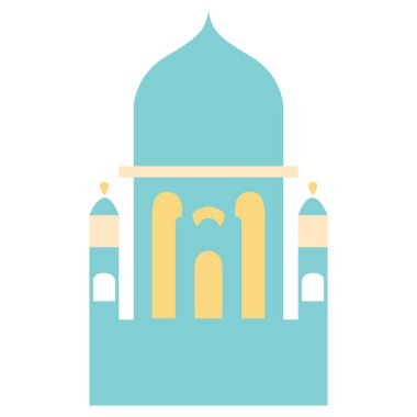 2D yeşil cami tek bir kubbe tasarımı, İslami kutsal yer, ramazan mimarisi, bayram kutlaması, ibadet evi, süs dekorasyonu ayrıntıları..