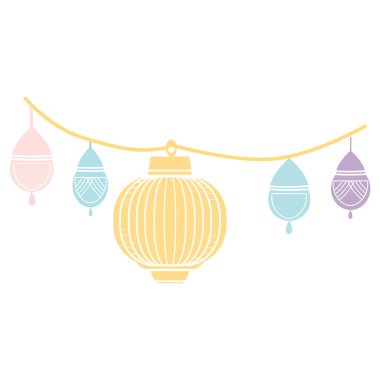 2D Pastel Fener serisi. Dekoratif tarzda asılı, İslami ramazan dekorasyonu, bayram süsleri, kutsal gece kutlaması, dua detayları..