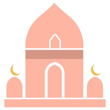 Kubbe ve minareleri olan 2D resimli pembe cami, İslami kutsal mekan, ramazan dekorasyonu, bayram namazı gecesi, mimari süsleme detayları..