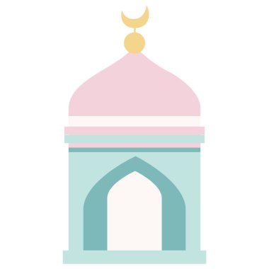 2D illüstrasyon pembe ve mavi cami kubbesi altın hilal, İslami mimari, ramazan kutsal gecesi, bayram dekorasyonu, dua süsü ayrıntıları.