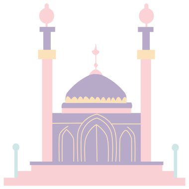2D illüstrasyon pembe ve mor cami. İki uzun minaresi, İslami mimarisi, ramazan kutsal yeri, bayram bayramı gecesi, dua dekorasyonu unsurları..