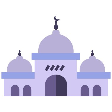2D mor cami üç kubbeli, düz stil İslami yapı tasarımı Ramazan etkinlikleri, bayram kutlamaları, Müslüman festivalleri ve dekoratif arka planlar için mükemmel..