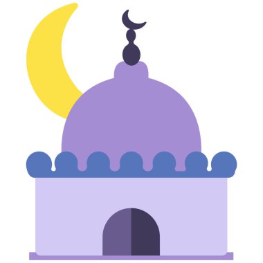 İslami olaylar için 2D mor cami tasarımı, Ramazan geceleri, bayram kutlamaları, müslüman festivalleri ve arka planlar için mükemmel düz bir yapı çizimi.