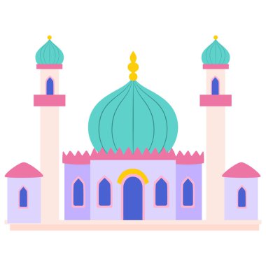 2D illüstrasyon tosca kubbe camii, iki minaresi var, düz stil İslami bina ramazan etkinlikleri için mükemmel, bayram festivalleri, Müslüman toplantıları, ve ruhani arka plan.