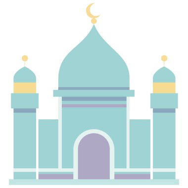 2D illüstrasyon üç kubbeli mavi cami tasarımı, ramazan gecelerine uygun düz stil İslami bina, bayram festivalleri, Müslüman toplantıları, kutlamalar ve arka plan.
