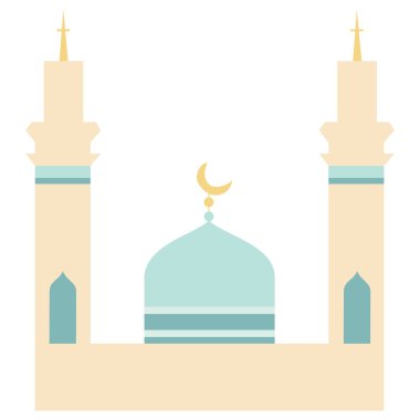 2D illüstrasyon iki krem minare cami tasarımı, düz stil İslami bina ramazan geceleri için mükemmel, bayram festivalleri, müslüman toplantıları, dua etkinlikleri ve arka plan.