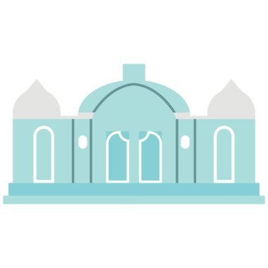 2D illüstrasyon beyaz ve mavi kubbe cami tasarımı, düz stil İslami bina ramazan kutlamaları, bayram festivalleri, müslüman dua buluşmaları ve arka plan için mükemmel..