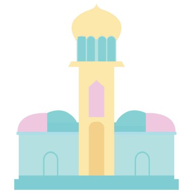 Düz stil olarak 2D resimli sarı kule cami tasarımı, ramazan kutlamaları, bayram festivalleri, Müslüman toplantıları ve arka planlar için mükemmel bir İslami mimari yapı..
