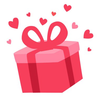 2D illüstrasyon hediye kutusu etrafında uçan kalpler, düz stil romantik dekorasyon Sevgililer günü için mükemmel, düğünler, yıldönümleri, kutlamalar, partiler, ve arka planlar.