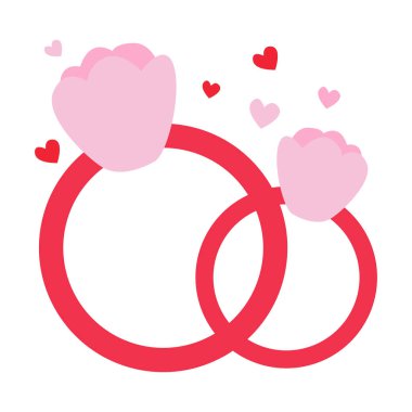 2D, pembe kalpli bir çift nişan yüzüğü, sevgililer günü için düz stil romantik sembol, düğünler, yıldönümleri, teklifler, kutlamalar ve arka planlar..