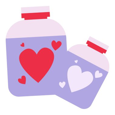 2D kavanoz kırmızı kalp etiketli ve kalem aksesuarlı, aşk mesajlarını sembolize eden, sevgililer günü süslemeleri, notlar, hediyeler ve tatlı romantizm için mükemmel.