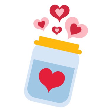 2d kalp konfetisiyle dolu küçük bir kavanoz, romantik duyguları ve sevgiyi simgeliyor, sevgililer günü süslemeleri, düğünler ve hediyeler için harika..