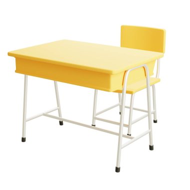 Üç boyutlu öğrenci masası, sarı sandalyeli ve metal çerçeveli, izole edilmiş, sınıflar, iç mekanlar ve modern okul mobilyası koleksiyonları için mükemmel..