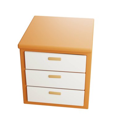 Üç çekmeceli ve ahşap kaplamalı üç boyutlu dolap, izole edilmiş, depolama mobilyaları, modern ev içleri, ofis dekorasyonu ve yatak odası tasarımı için uygun..