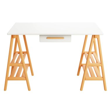 Beyaz yüzeye sahip 3 boyutlu ahşap masa ve iç tasarım, ev dekorasyonu, mobilya koleksiyonu ve modern çalışma alanı projeleri için mükemmel, izole ve minimal bacaklar gösterilmiş..