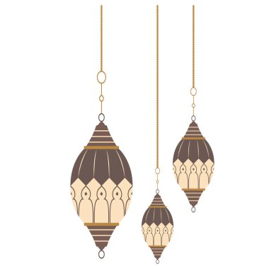 Arapça olarak asılı iki fenerin 2D tasarımı, Ramazan ışığını, İslam geleneğini ve şenlikli atmosferi simgeliyor..