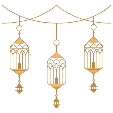 2D asılı stil tasarımı olan üç boyutlu fener çelengi, Bayram kartları, Ramazan posterleri, İslami arka planlar ve Arap kültürel dekorasyonları için mükemmel..