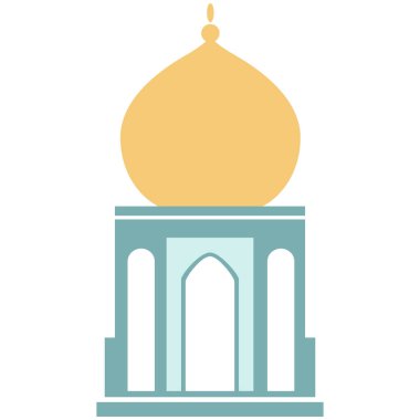 Altın kubbe tasarımlı 2D yeşil cami, güzel İslami mimari, Arap mirasını, ramazan temalarını, ruhani kültürü ve dini kutlamaları temsil ediyor..