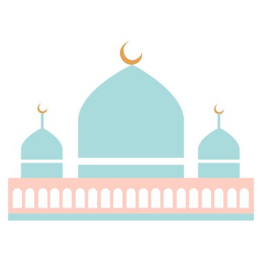 Hilal kubbeli 2D mavi cami tasarımı, İslami mimariyi sembolize ediyor, ramazan kutlamaları, Arap mirası, ruhani inanç ve kutsal kültürü..