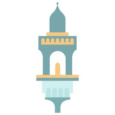 Mavi ve yeşil renkli 2D cami minare tasarımı, kubbeli uzun yapı, İslami mimariyi sembolize ediyor, Arap mirası, ramazan teması ve ruhaniliği..