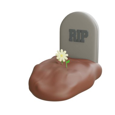 3D RIP mezar taşı toprak tepeciği üzerinde çiçek, mezarlık gömme elementi, cenaze sembolü gerçekçi ürkütücü nesne, anıt taşı, izole edilmiş arkaplan.