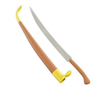 3D geleneksel Endonezya piso halasan kılıcı zarif eğimli, kültürel silahı, tarih için mükemmel, miras, savaş, ve tasarım ilhamı.