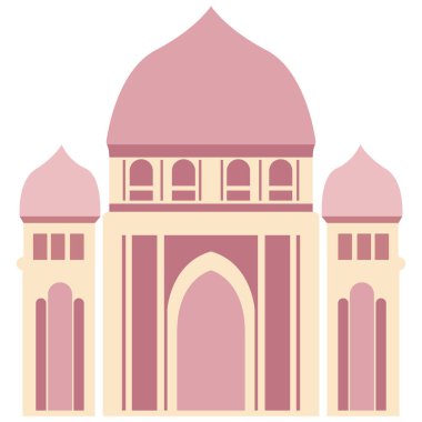 Kubbeli ve kemerli 2D cami binası, kültürel İslam tasarımı, kutsal ay için mükemmel ibadet, din, inanç, kutlama ve bayram süsü.