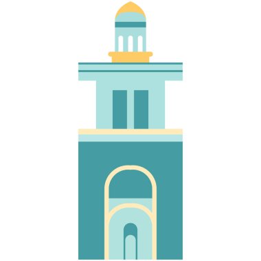 Kubbeli 2d cami kulesi, kültürel İslami minare mimarisi, ibadet için mükemmel, kutsal ay, din, kutlama ve geleneksel inanç dekoru..