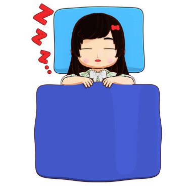 Batik kıyafetli 3D anaokulu kızı, bebek yatakta huzur içinde uyuyor, sevimli karakter istirahatı pozu, çocuklar için mükemmel, yatma zamanı, okul ve eğitim tasarımı..