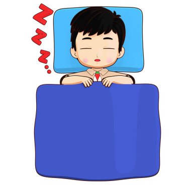 3D izci anaokulu çocuğu yastıkla yatakta uyuyor, okul çocuk maskotu dinlenme teması, eğlenceli çocuk tasarımı, oyuncu eğitimi ve karakter aktivitesi..