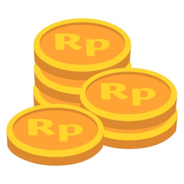 2D Indonesian Rupiah coins collection showing golden stacked coins with Rp symbol, great for finance, banking, saving, wealth, cash, and economy projects.