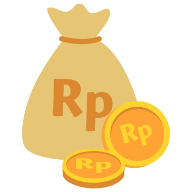 2D Indonesian Rupiah cash bag element with golden coins, great for projects about money, saving, wealth, economy, finance, and banking.