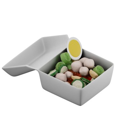 3d traditional somay served in take-away food box with vegetables and egg slice, cultural snack design for kids learning, project, and education material.