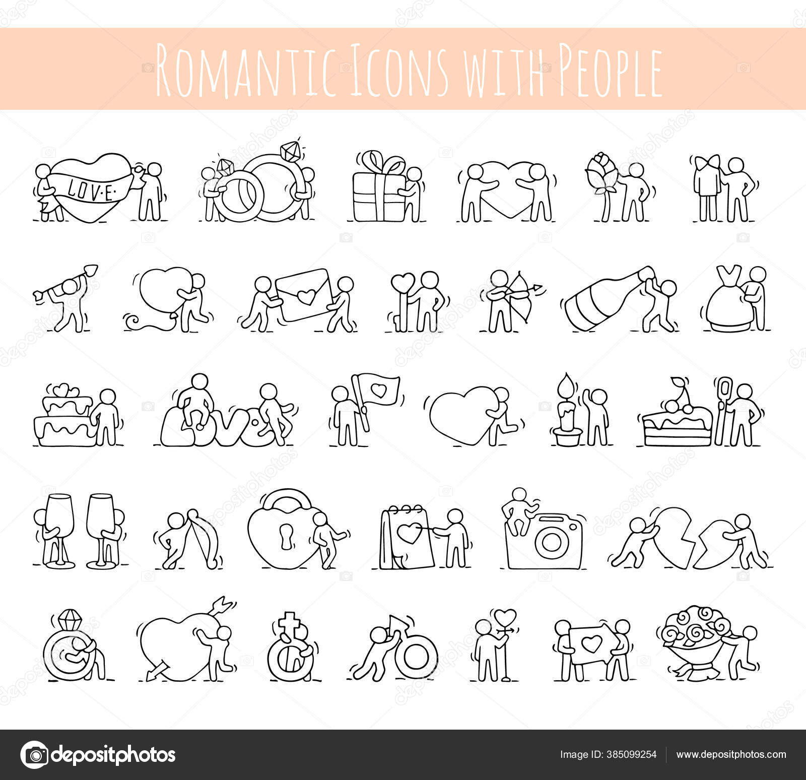 Cartoon Romantic Icons Set Sketch Working Little People Love ...