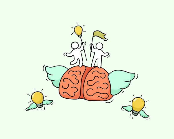 Esbozo Cerebro Volador Con Pequeños Trabajadores Doodle Linda Miniatura Sobre — Vector de stock