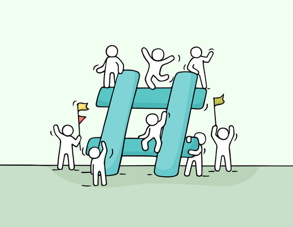 Sketch of  little people with big hashtag. Doodle cute miniature scene of workers about internet symbol. Hand drawn cartoon vector illustration for social media design.
