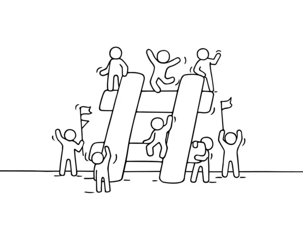 Skica Malých Lidí Velkým Hashtagem Doodle Roztomilá Miniaturní Scéna Dělníků — Stockový vektor