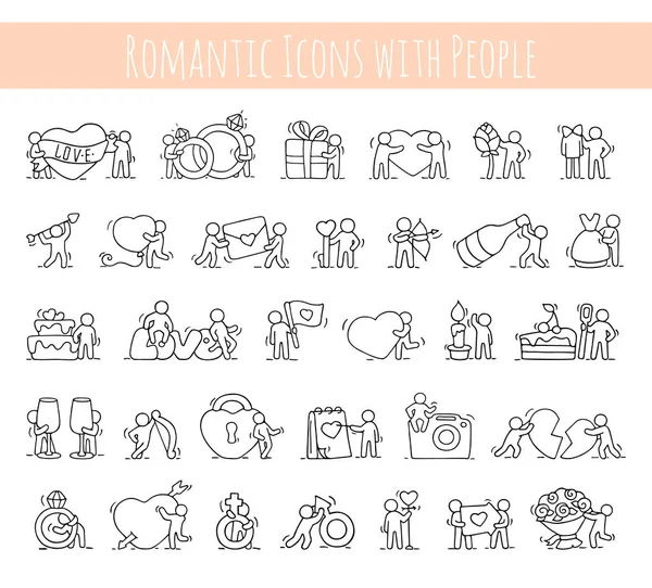 Kreslené Romantické Ikony Sada Náčrtků Pracující Malé Lidi Milostnými Symboly — Stockový vektor