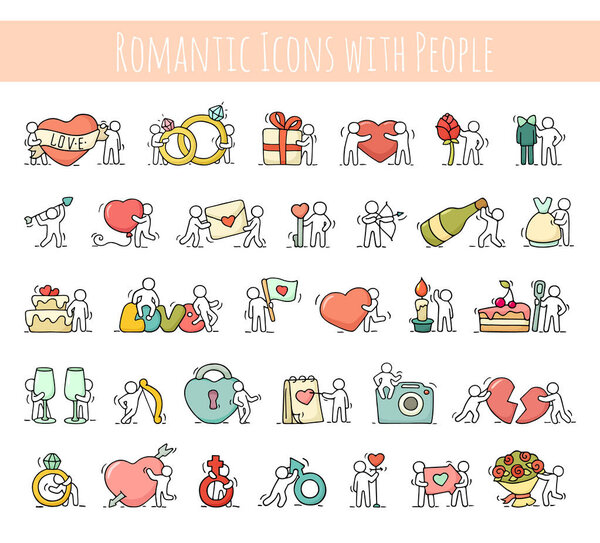 Cartoon romantic icons set of sketch working little people with love symbols. Doodle cute miniature scenes of workers with hearts, arrows. Hand drawn vector illustration for valentine day and wedding celebration.