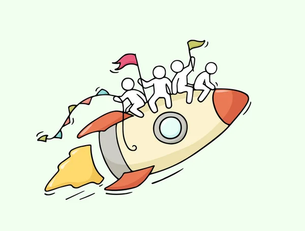 Boceto Gente Pequeña Con Cohete Volador Doodle Linda Escena Miniatura — Archivo Imágenes Vectoriales