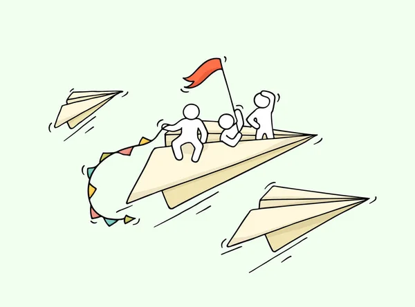 Ескіз Літаючого Паперового Літака Маленькими Робітниками Doodle Мила Мініатюра Про — стоковий вектор