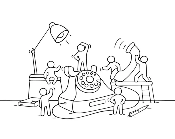 Cartoon Pracující Malí Lidé Velkým Telefonem Doodle Roztomilé Miniaturní Scény — Stockový vektor