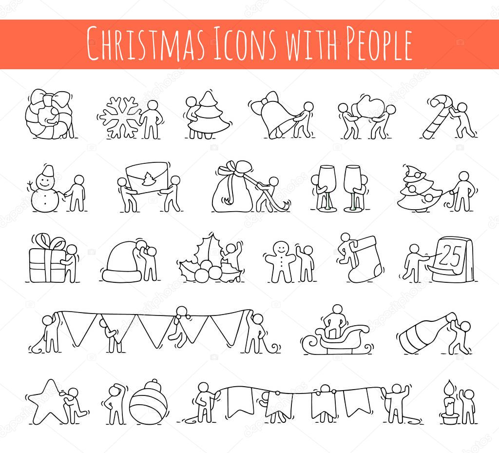 Cartoon christmas icons set of sketch working little people with party symbols. Doodle cute miniature scenes of workers about winter. Hand drawn vector for christmas and new year celebration.