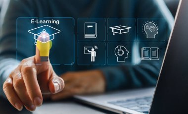 Dizüstü bilgisayarlı insan teknolojisi internet öğrenimi ve öğrenimi online sınıf teknoloji ağı, e-öğrenim, çevrimiçi eğitim, eğitim, eğitim, özel ders, video dersi, kurs, ev okulunda bilgi